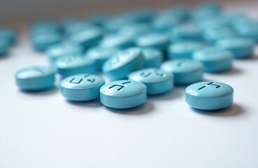 Close-up of blue pills, pre-exposure prophylaxis treatment against HIV. Medical concept, PrEP medication, daily dose, healthcare, prevention. Antiretroviral therapy tablet.