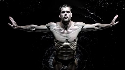 Swimmer emerges from dark water in overhead slow motion shot. Arms extended. 4K.
