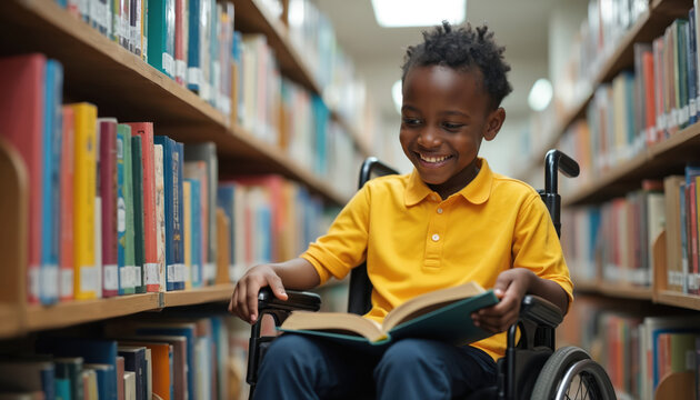 Happy young mixed race schoolboy in wheelchair reads book in library. Smiling African American child studies, learns. Inclusive education for special needs students. Diversity in learning environment. - Powered by Adobe