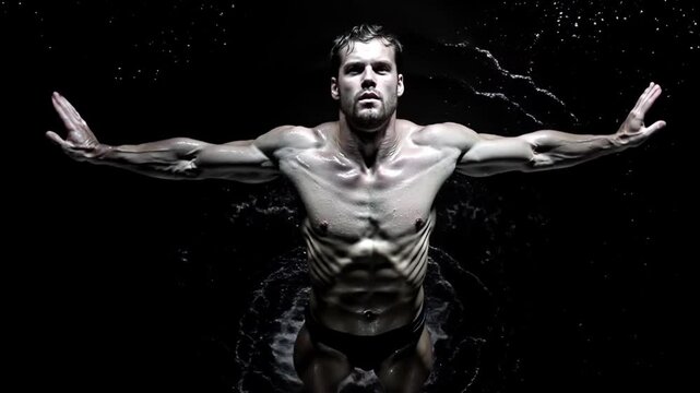 Swimmer emerges from dark water in overhead slow motion shot. Arms extended. 4K.
