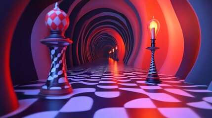 Surreal chess hallway with checkered floor and glowing candles in a long tunnel