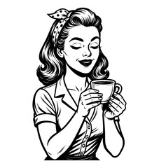 Retro woman holding coffee cup with smile in vintage black and white illustration style