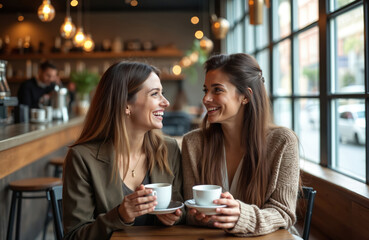 Two female friends chat, drink coffee in cozy cafe. Young women enjoy hot beverage, have fun at weekend meeting in cafeteria, smiling, laughing. Friendship, lifestyle.