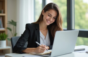 Young businesswoman smiling works with laptop, notebook at desk. Professional manager writes, types, looking at screen. Happy female in formal wear, home office. Modern workplace, education business