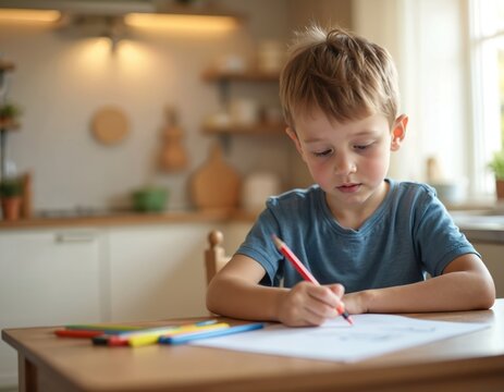 Young boy focused doing homework. Child studying with colored pencils. Little kid draws or writes on paper at wooden table inside cozy home. Education, learning, childhood, creative, school time. - Powered by Adobe