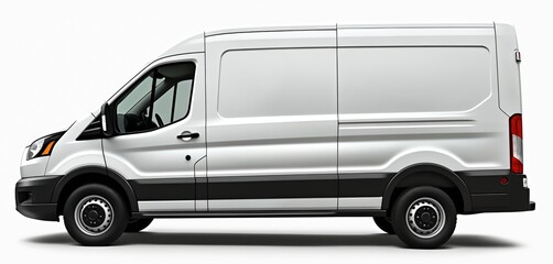White modern minibus isolated on white background. Commercial van vehicle, cargo transport. Side view, empty space for text, advertising, branding. Delivery service vehicle.