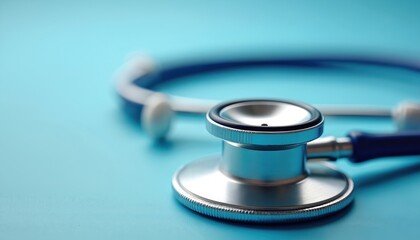 Close-up of stethoscope on blue background. Medical instrument represents healthcare diagnosis exam, body check-up, routine, therapy. Symbolizes health and well-being, with modern design and features.