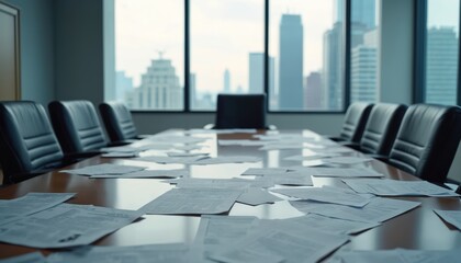 Empty meeting room with scattered budget papers, vacant chairs. Aftermath of intense decision-making, strategic planning sessions. Modern office interior with panoramic windows, skyscrapers