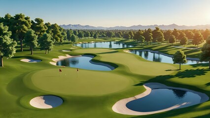 Fototapeta premium Golf course with beautiful views, cartoon 