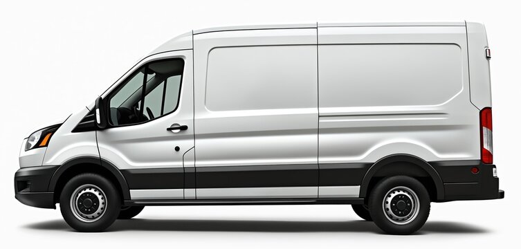 White modern minibus isolated on white background. Commercial van vehicle, cargo transport. Side view, empty space for text, advertising, branding. Delivery service vehicle.