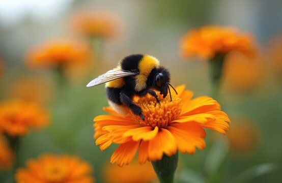 Close-up bumblebee collects nectar from marigold flower. Insect pollination process in garden. Yellow floral blossom, orange petals. Nature wildlife background.