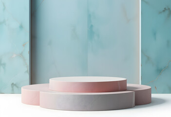 Pink Marble Round Podium with Blue Marble Background

