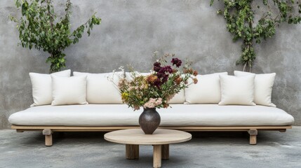 Outdoor sectional sofa and round coffee table arrangement.
