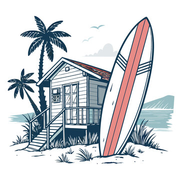 beach house surfboard palm trees seaside scene clip art preview