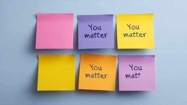 Sticky Note Affirmation: A close-up of six colorful sticky notes with the positive affirmation "You matter" in handwritten text, creating a visually appealing and uplifting message