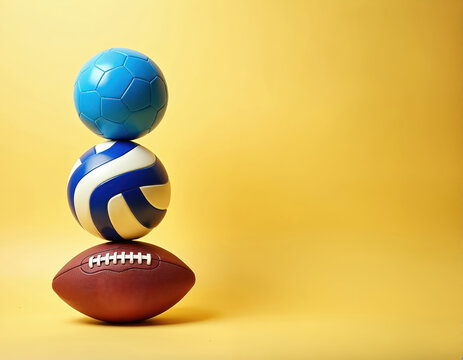 Stack of three sport balls. Football, volleyball, soccer balls balanced on top of each other. Team sport equipment on gold background. Concept of balance teamwork. - Powered by Adobe