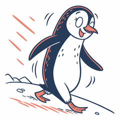 Happy Cartoon Penguin Walking on Snow Simple Illustration Style