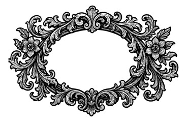 Vintage oval floral frame with decorative curls and flowers in black and white art