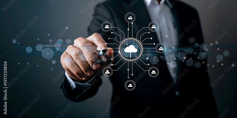 Poster businessman pointing at cloud computing concept representing data storage and security