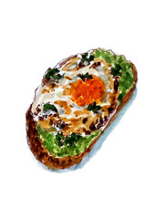 Vector watercolor illustration of Avocado Toast on white background