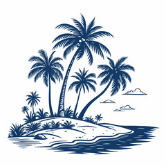 Create a bold, vector illustration of a tropical island with lush vegetation, palm trees, and a white sandy beach.  Include vibrant colors.