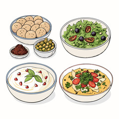 Create a bold vector illustration of diverse mezze dishes, including hummus, baba ghanoush, falafel, olives, pita bread.  Focus on thick, impactful outlines.