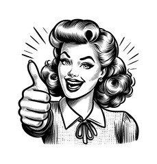 Smiling retro woman giving thumbs up in detailed black and white engraving style line art illustration