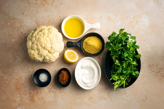 Ingredients for Tandoori Roasted Cauliflower Dip Overhead