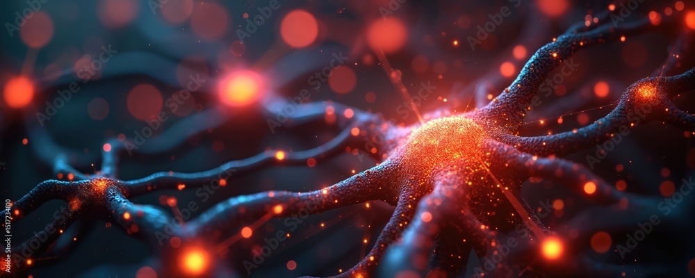 Poster illustration of neural network with glowing connections. science system neurology digital flow commu