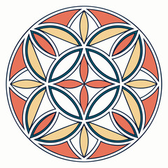 Geometric Flower Pattern with Coral Cream and Teal in a Circular Design