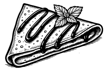Hand Drawn Crepe Topped with Chocolate Sauce and Mint Leaves Detailed Black and White