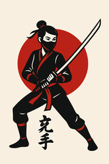 Female Ninja with Katana Sword in Battle Stance - Vector Illustration
