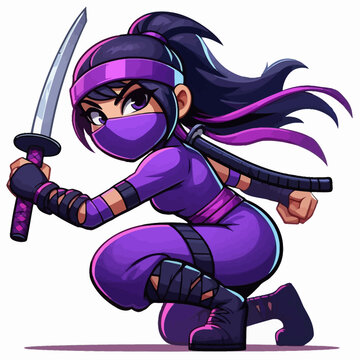Cartoon Female Ninja in Purple Suit with Sword