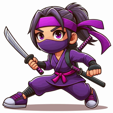 Cartoon Female Ninja in Purple Suit with Sword