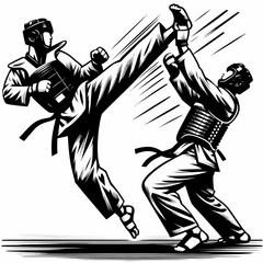 Taekwondo Martial Arts Fighters in Action Kick – Black and White Vector Illustration