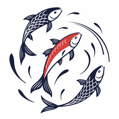 Three Fish Swimming in a Circle with Water Droplets Illustration