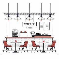 Create a bold vector illustration of a coffee shop's interior, showcasing key features like seating, counter, and coffee-making equipment.