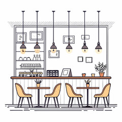 Design a bold, vector illustration of a trendy coffee shop interior, showcasing key features like seating, counter, and coffee-making equipment.