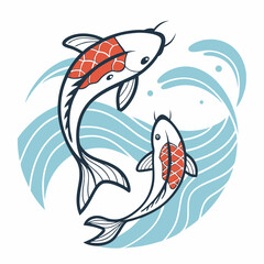 Stylized Koi Fish Swimming in a Circle of Water Waves