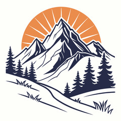Mountain Landscape with Rising Sun and Pine Trees Vector Illustration