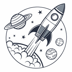 Rocket Ship Launching into Space with Planets and Stars Illustration