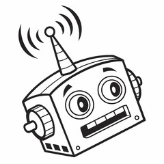 Cartoon Robot Head with Antenna Sending Signals in Black and White