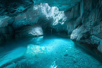 Crystal Blue Cave with Sunlight and Reflective Waters
