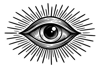 Monochrome Illustration of an Eye with Rays of Light in Engraving Style