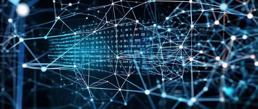 Anamorphic video Dynamic visualization of an artificial intelligence neural network, black background with floating binary codes and data layers, ultra modern digital look