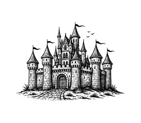 Fototapeta premium Detailed Black and White Engraving of a Medieval Castle with Flags and Birds Flying