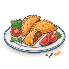 Create a bold, vector illustration of a meat sambousek pastry, emphasizing the crisp, golden-brown exterior and juicy filling.  Include detailed texture.