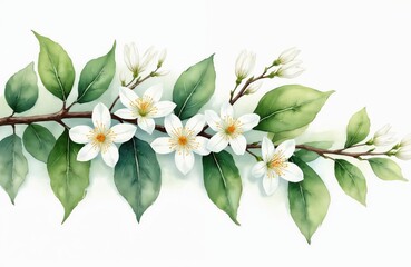 Watercolor illustration white flowers green leaves branch. Delicate artwork showing botanical art design nature. Floral arrangement evokes spring mood serenity peacefulness. Great for wedding cards