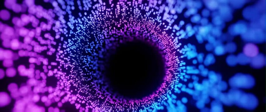 Anamorphic video Seamless loop of flowing abstract data particles moving through a digital tunnel, futuristic holographic HUD elements, cyberpunk aesthetic, tech background