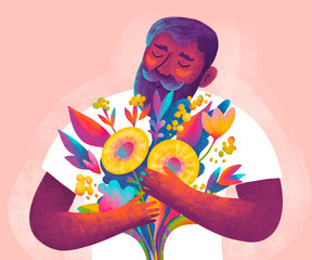 Man holding a vibrant bouquet of flowers in a colorful setting